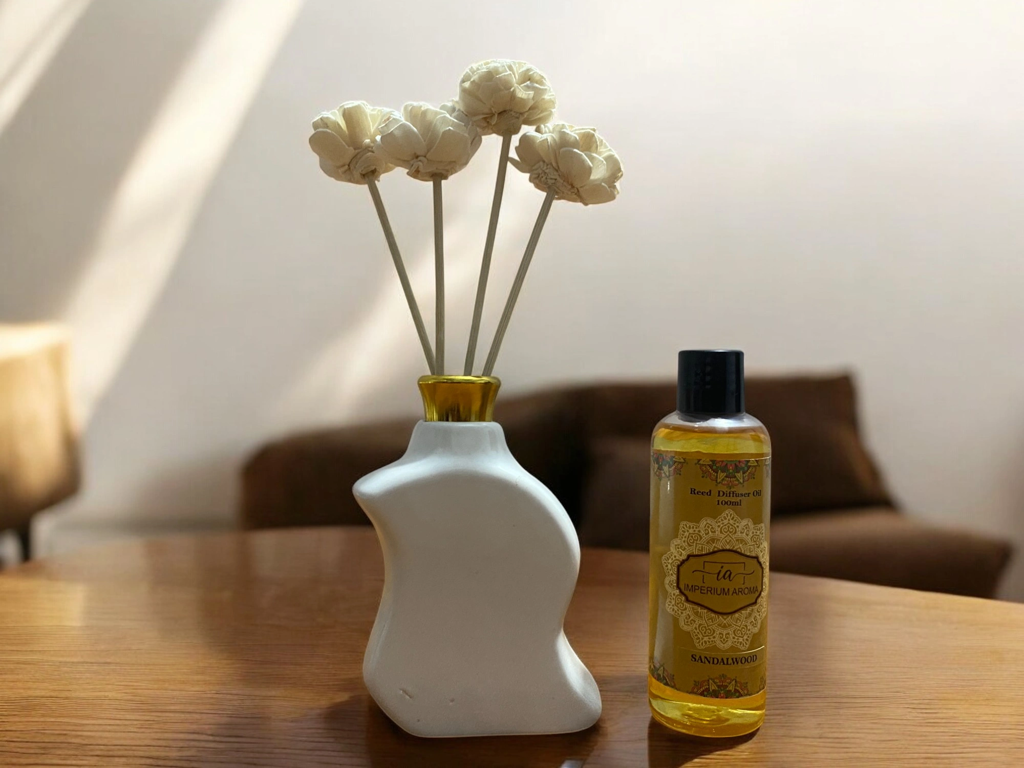 Imperium Sandalwood Reed Diffuser Set (Ceramic with Golden Brass Neck)