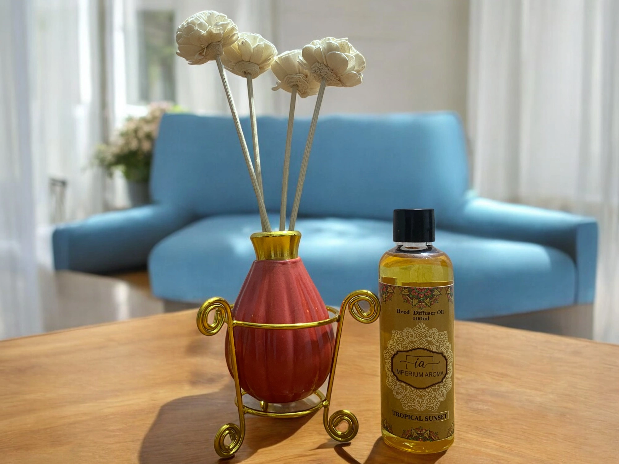 Imperium Tropical Sunset Reed Diffuser Set (Ceramic with Golden Brass Neck)