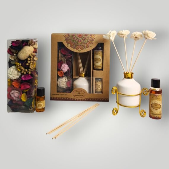 Imperium Aroma Lemongrass Reed Diffuser Gift Set (Ceramic Pot with Golden Brass Neck)