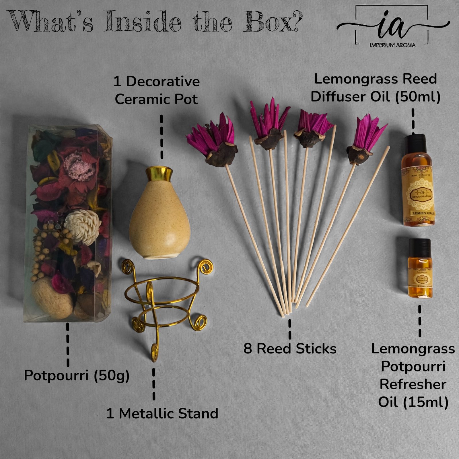 Imperium Lemongrass Reed Diffuser Gift Set (Ceramic with Golden Brass Neck) - Image 3
