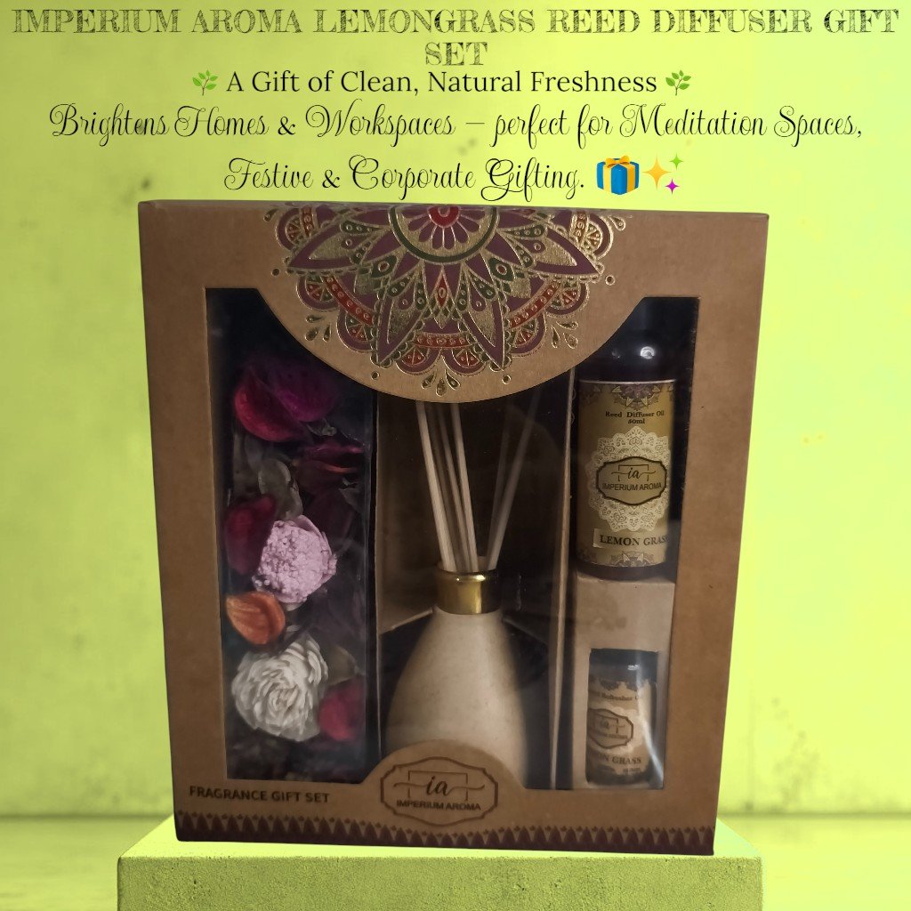 Imperium Lemongrass Reed Diffuser Gift Set (Ceramic with Golden Brass Neck) - Image 4