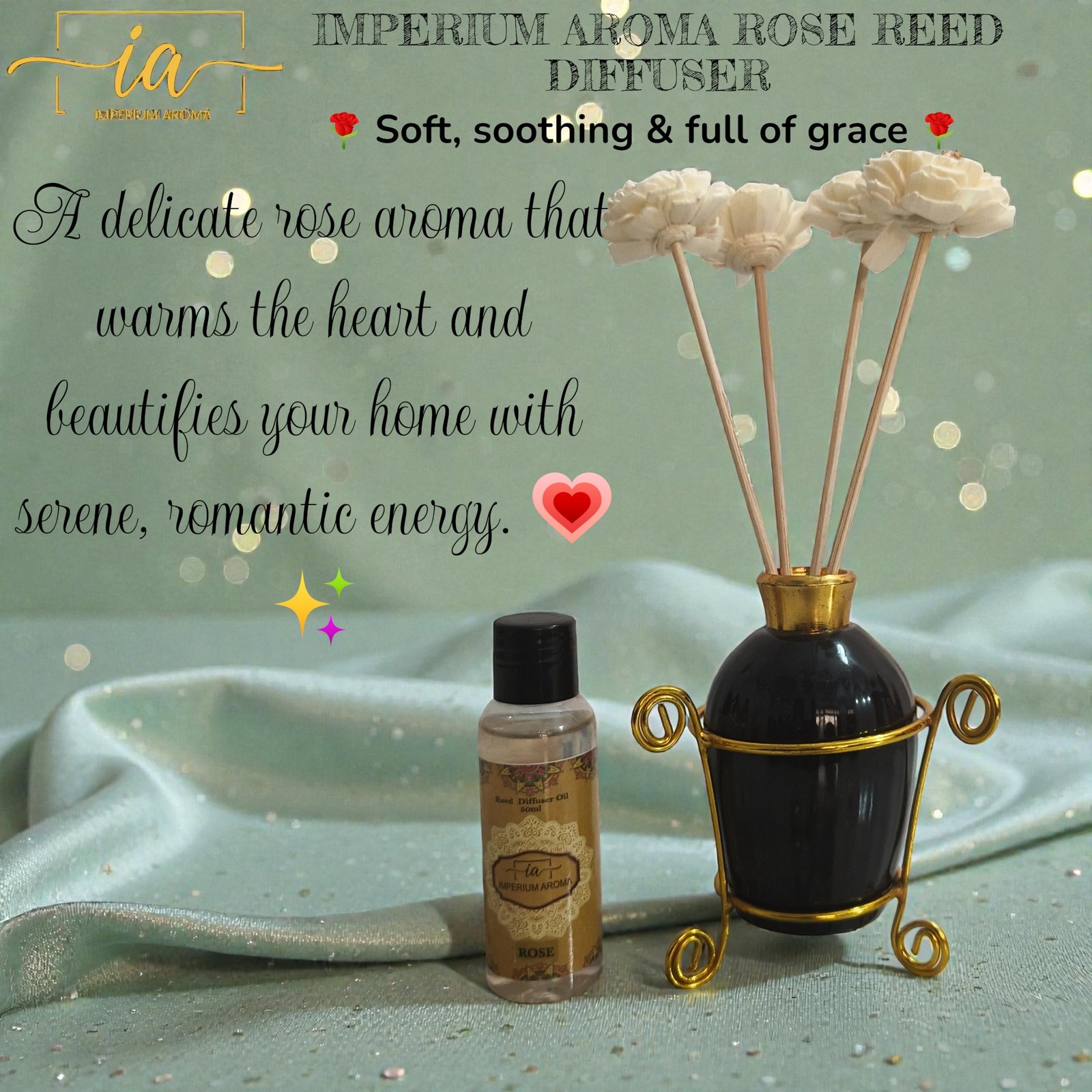 Imperium Aroma Rose Reed Diffuser Gift Set (Ceramic Pot with Golden Brass Neck) - Image 2
