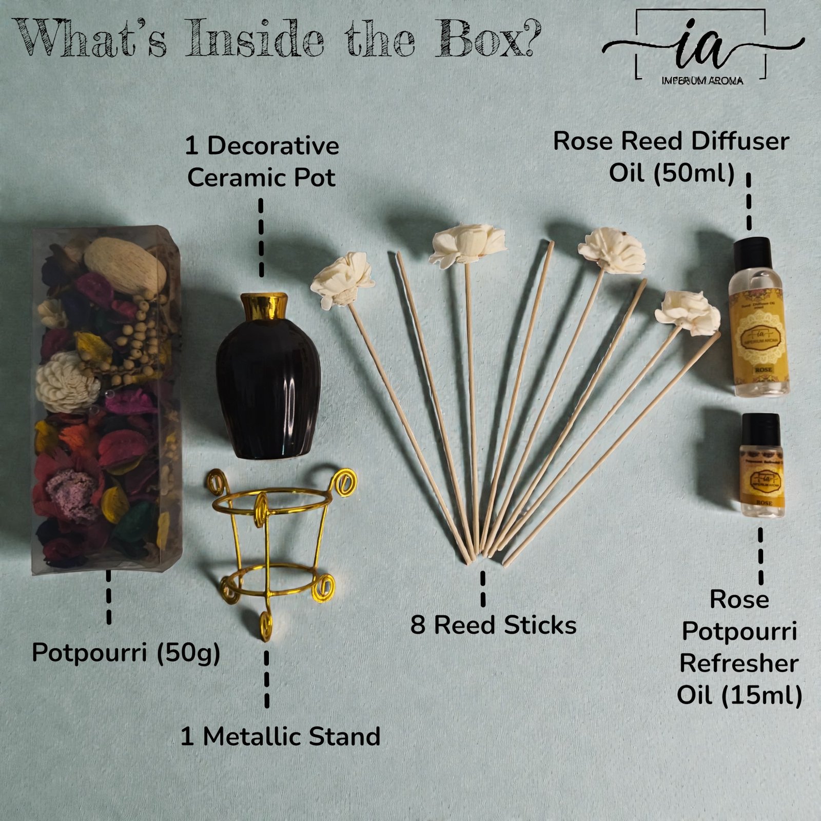 Imperium Aroma Rose Reed Diffuser Gift Set (Ceramic Pot with Golden Brass Neck) - Image 5