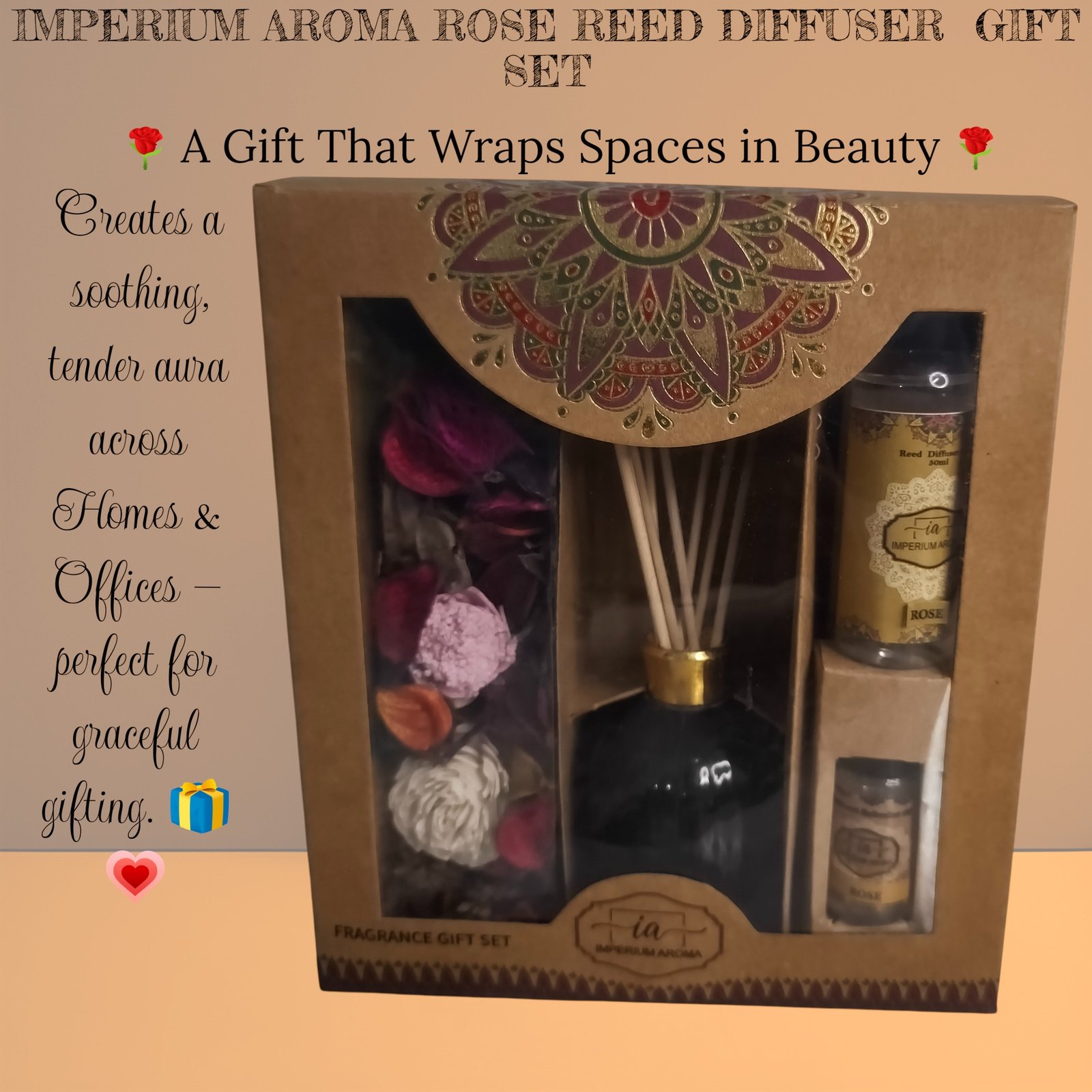 Imperium Aroma Rose Reed Diffuser Gift Set (Ceramic Pot with Golden Brass Neck) - Image 6