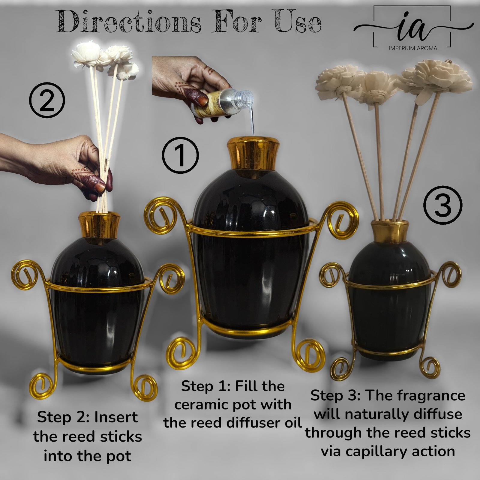 Imperium Aroma Rose Reed Diffuser Gift Set (Ceramic Pot with Golden Brass Neck) - Image 3