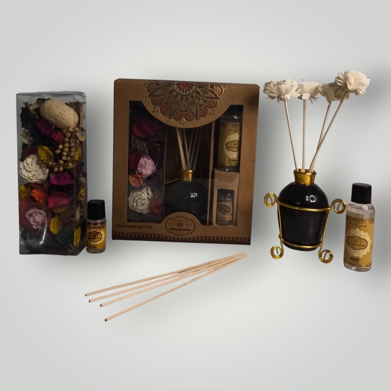 Imperium Aroma Rose Reed Diffuser Gift Set (Ceramic Pot with Golden Brass Neck)