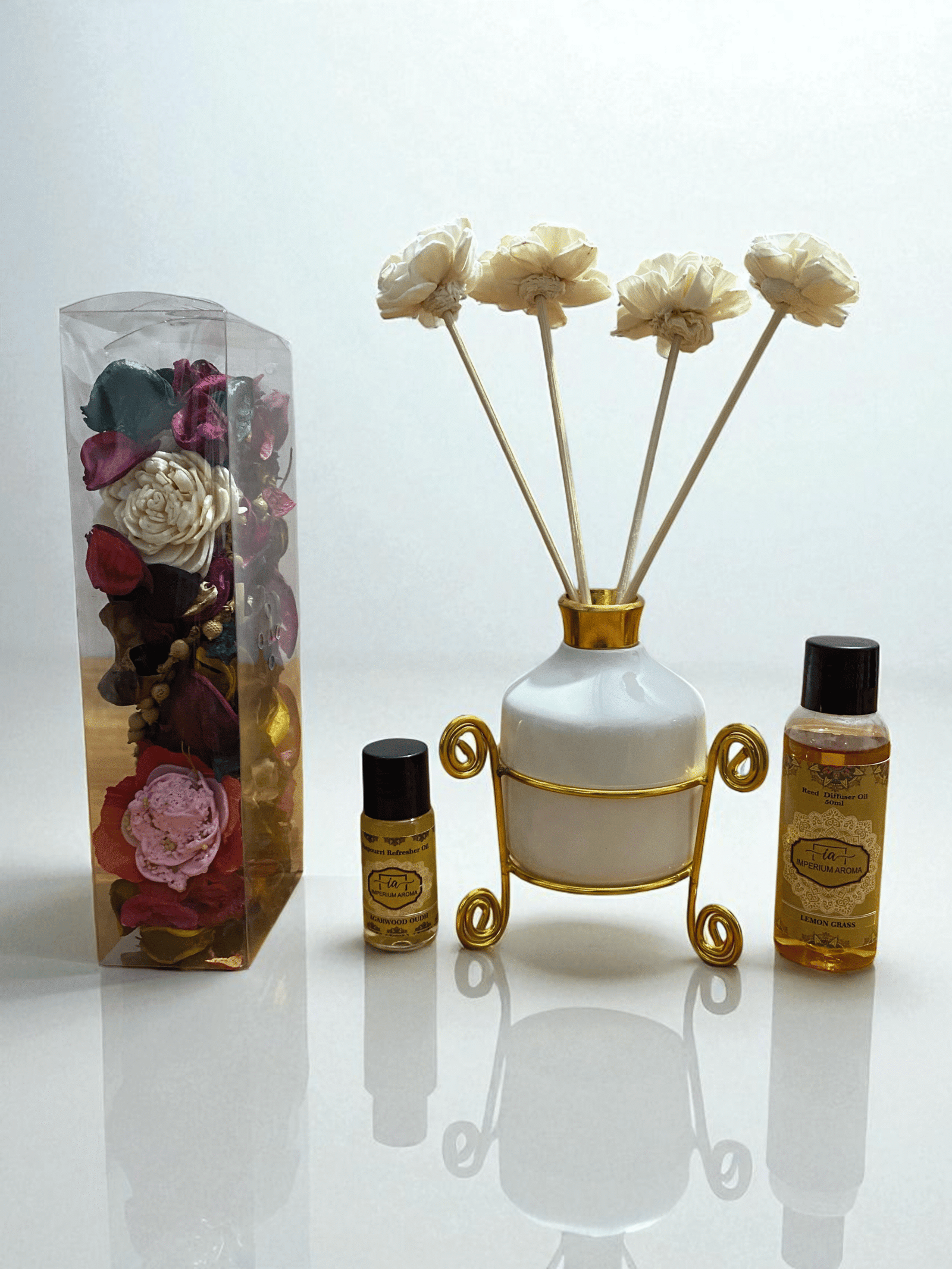 Imperium Aroma Lemongrass Reed Diffuser Gift Set (Ceramic Pot with Golden Brass Neck) - Image 2