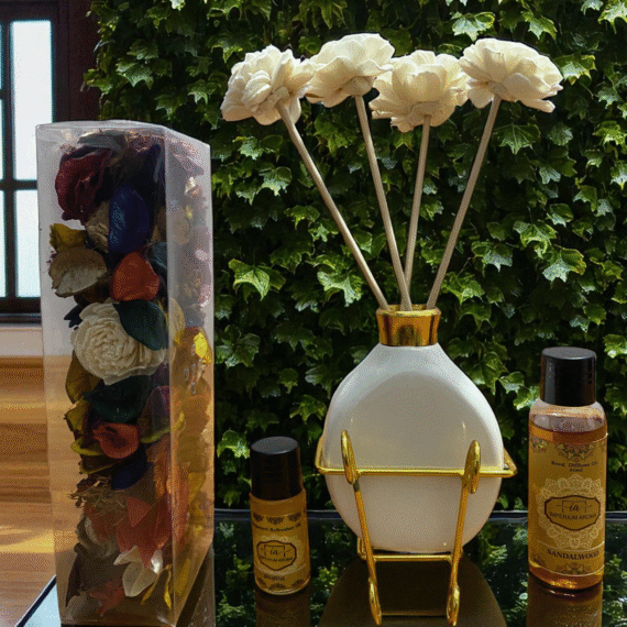 Imperium Aroma Sandalwood Reed Diffuser Gift Set (Ceramic pot with Golden Brass Neck)