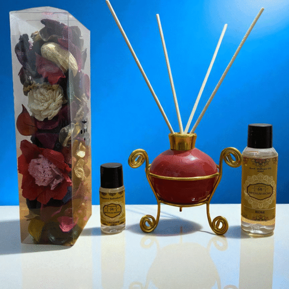 Imperium Aroma Rose Reed Diffuser Gift Set (Ceramic pot with Golden Brass Neck)