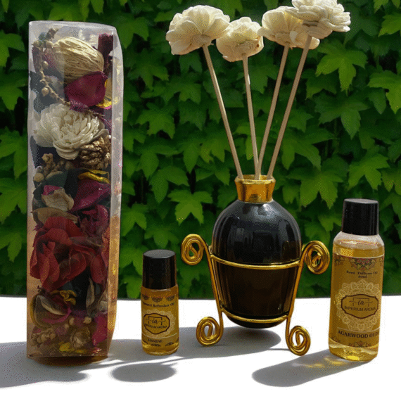 Imperium Aroma Agarwood Oudh Reed Diffuser Gift Set (Ceramic Pot with Golden Brass Neck)