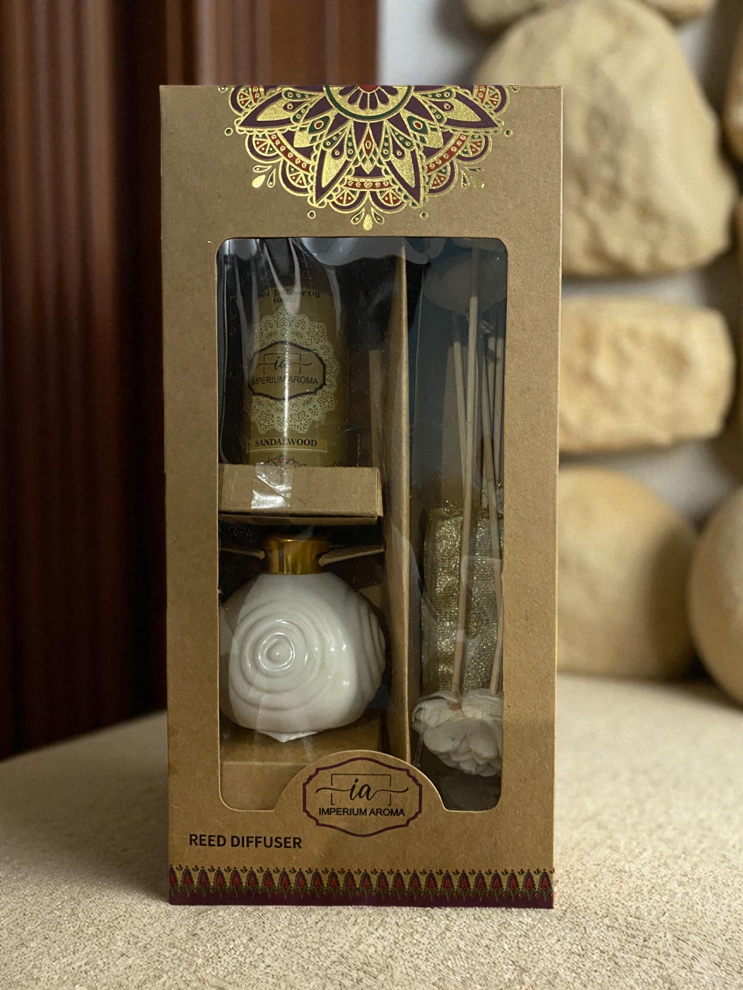 Imperium Sandalwood Reed Diffuser Set (Ceramic with Golden Brass Neck) - Image 3