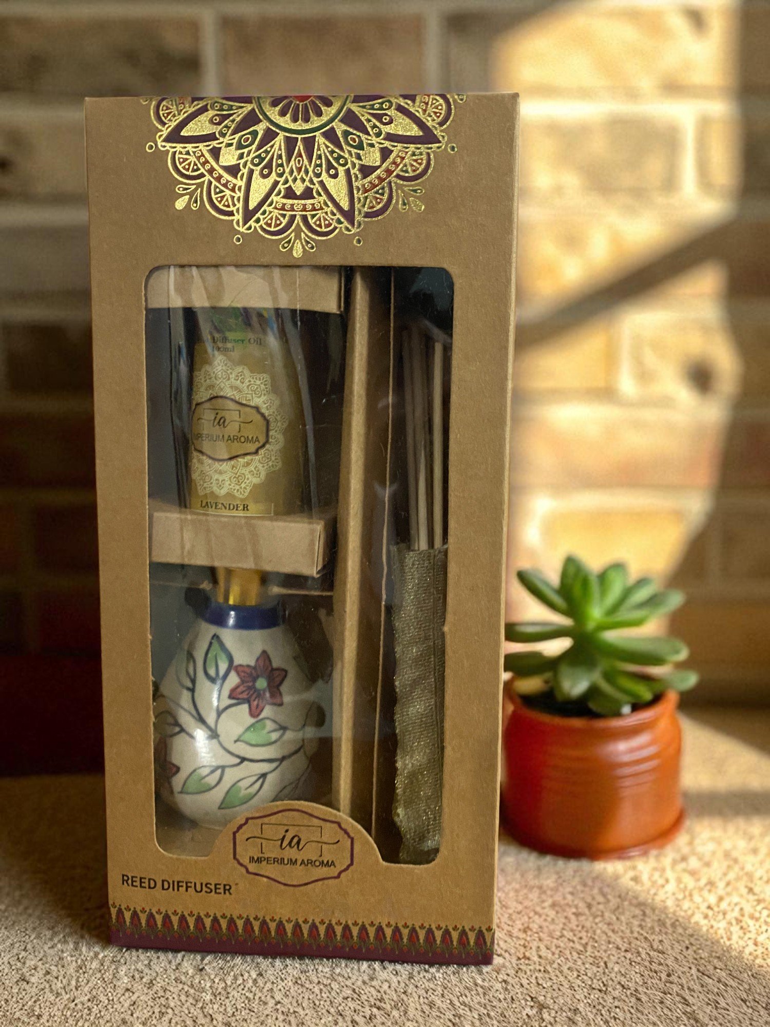 Imperium Lavender Reed Diffuser Set (Ceramic with Golden Brass Neck) - Image 3