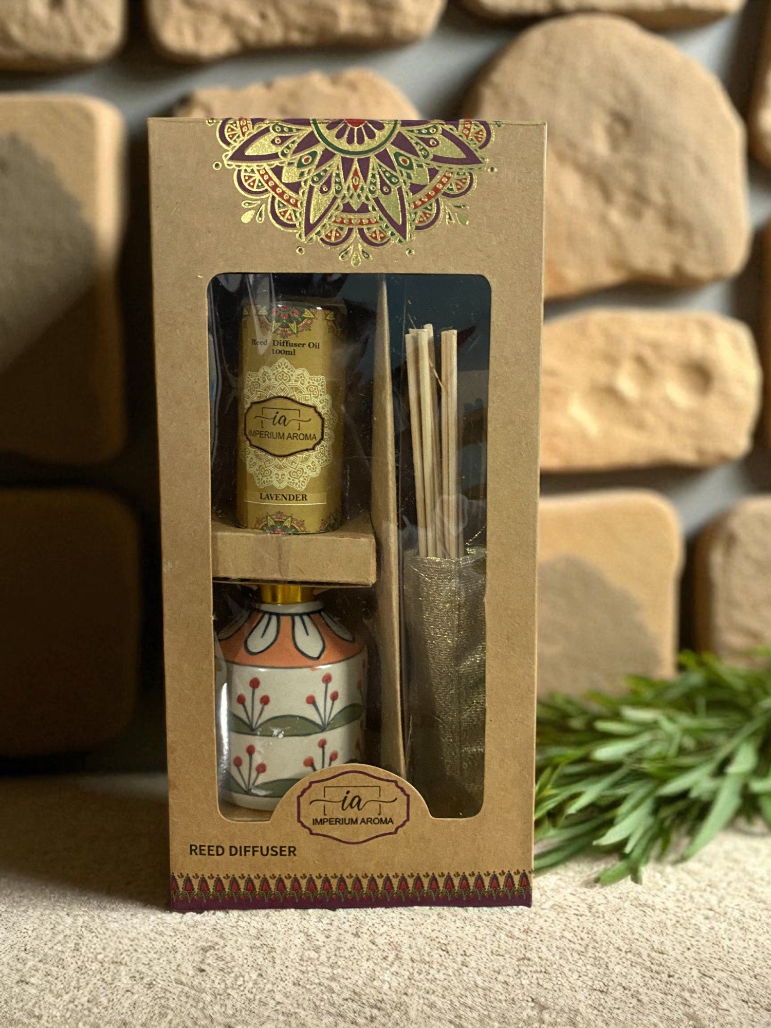 Imperium Lavender Reed Diffuser Set (Ceramic with Golden Brass Neck) - Image 3