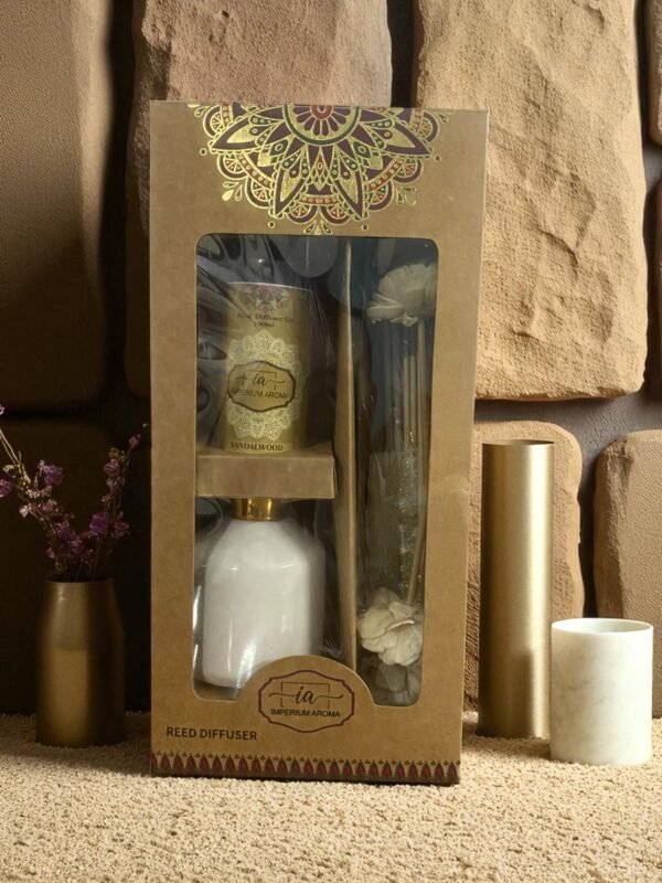 Imperium Sandalwood Reed Diffuser Set (Ceramic with Golden Brass Neck) - Image 3