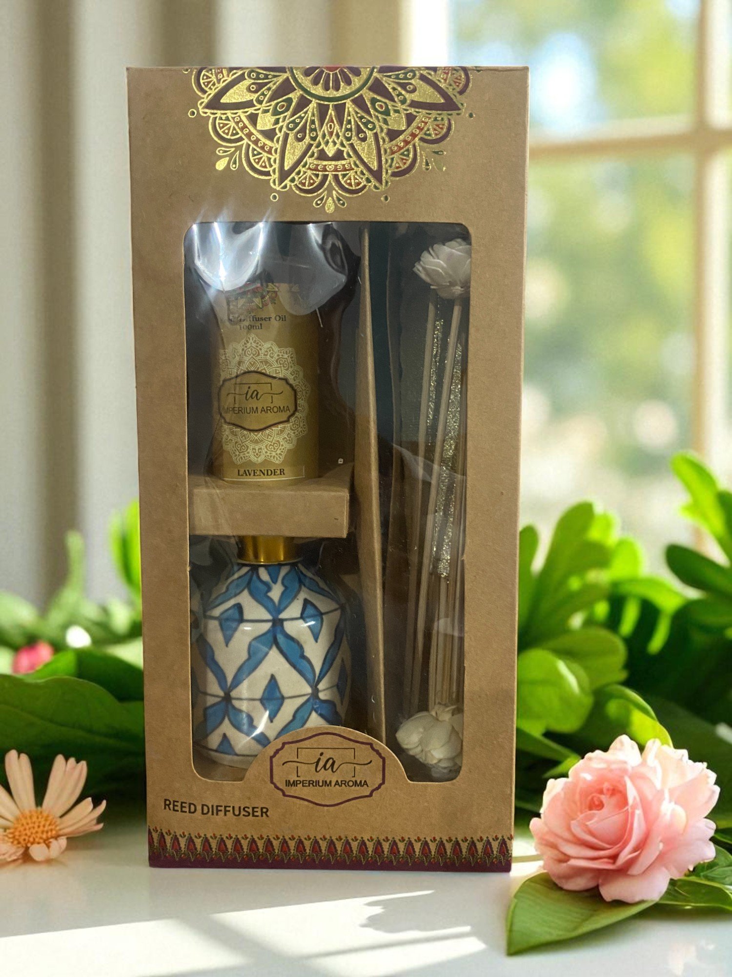 Imperium Lavender Reed Diffuser Set (Ceramic with Golden Brass Neck) - Image 3