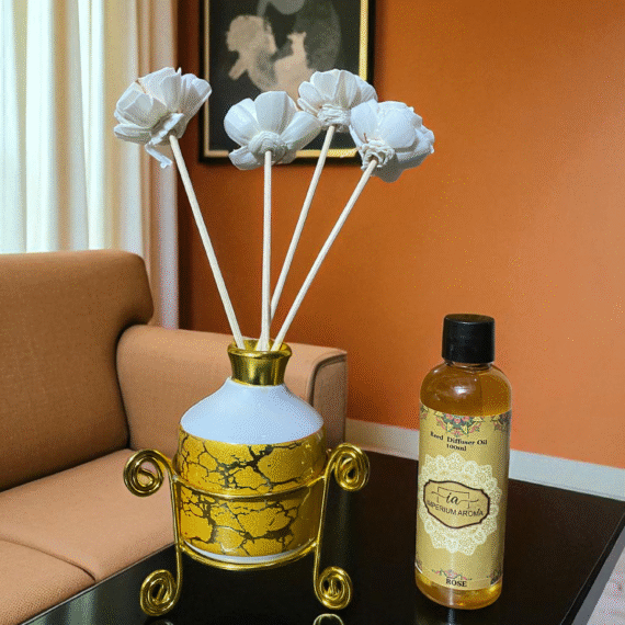 Imperium Aroma Rose Reed Diffuser Set (Ceramic with Golden Brass Neck)