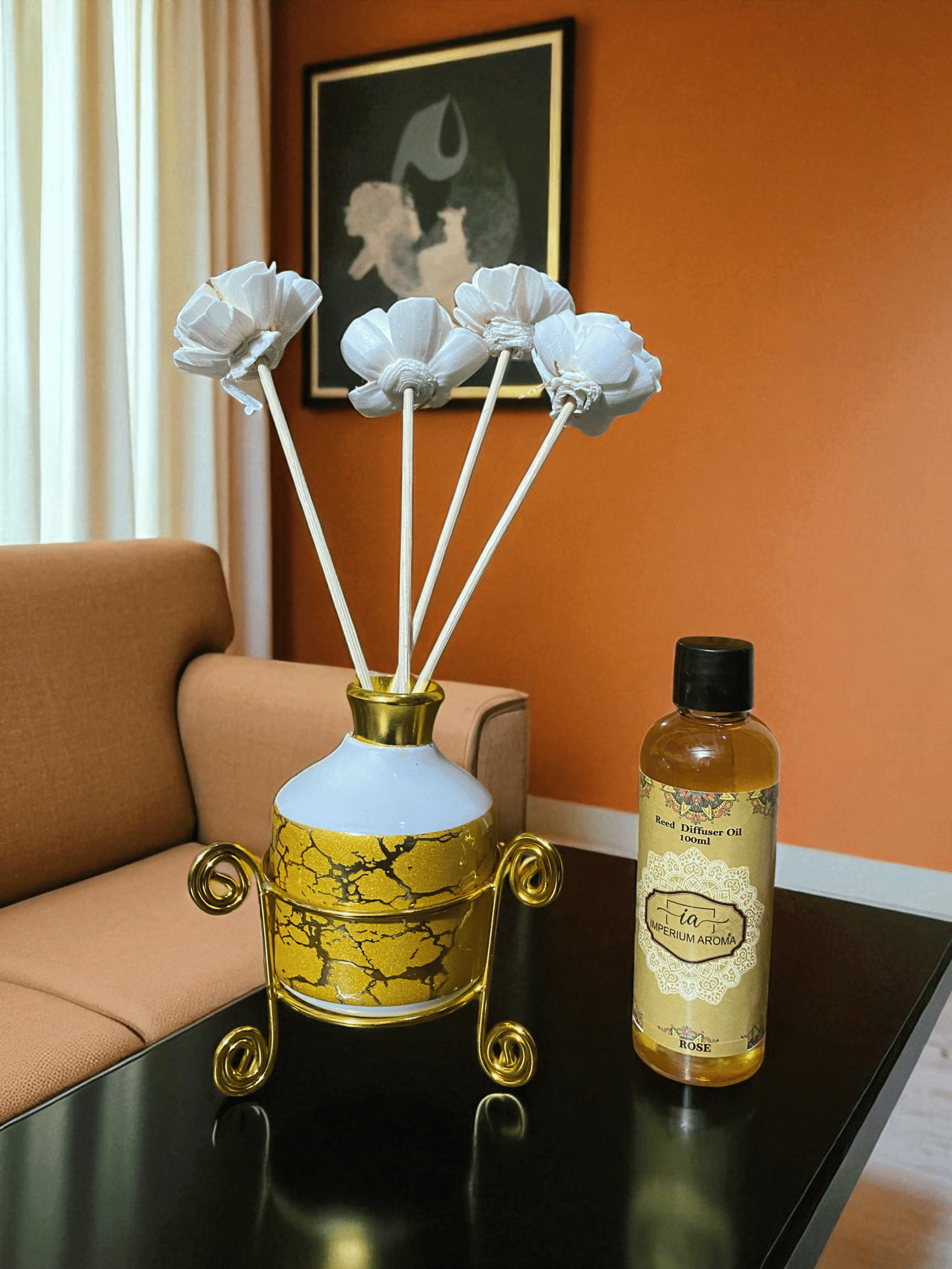 Imperium Aroma Rose Reed Diffuser Set (Ceramic with Golden Brass Neck)