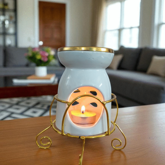 Imperium Aroma Jasmine Tealight Diffuser (Ceramic Pot with Golden Brass Neck)