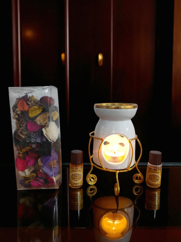 Imperium Aroma Jasmine Tealight Diffuser (Ceramic Pot with Golden Brass Neck) - Image 3