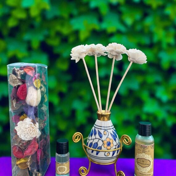 Imperium Aroma Tropical Sunset Reed Diffuser Gift Set (Ceramic Pot with Golden Brass Neck)