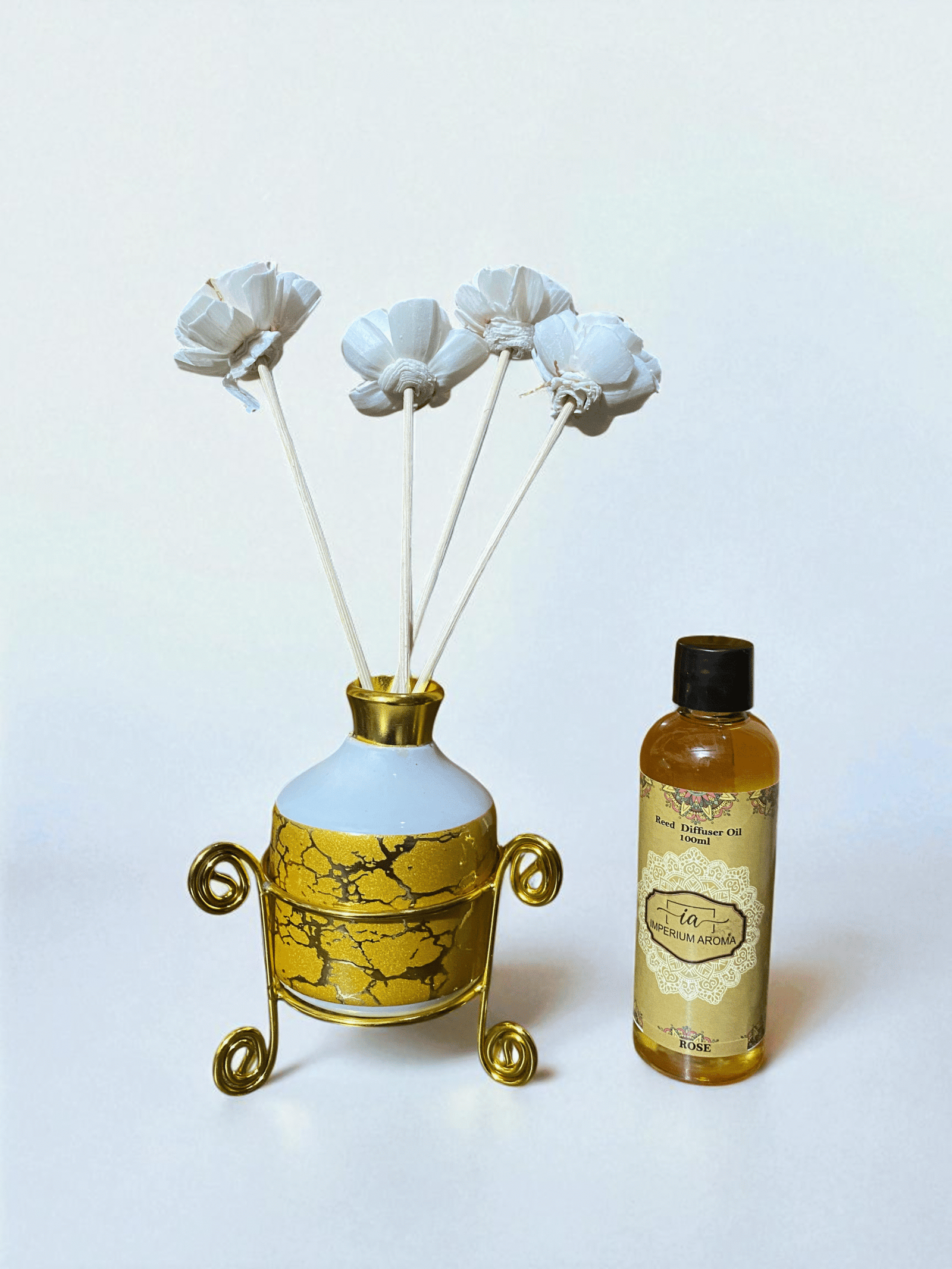 Imperium Aroma Rose Reed Diffuser Set (Ceramic with Golden Brass Neck) - Image 2