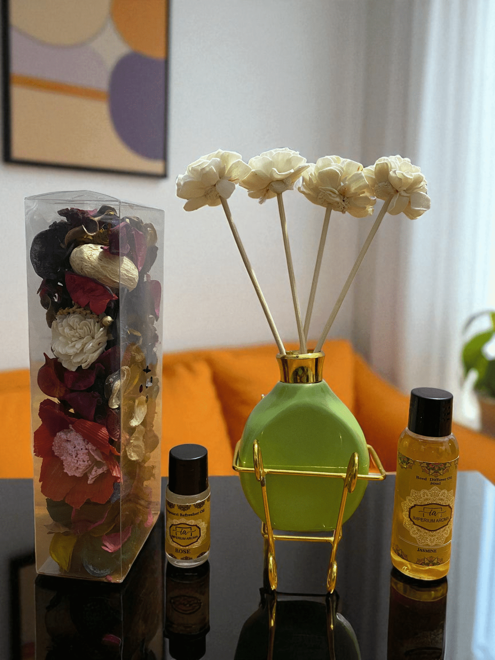 Imperium Aroma Jasmine Reed Diffuser Gift Set (Ceramic Pot with Golden Brass Neck)