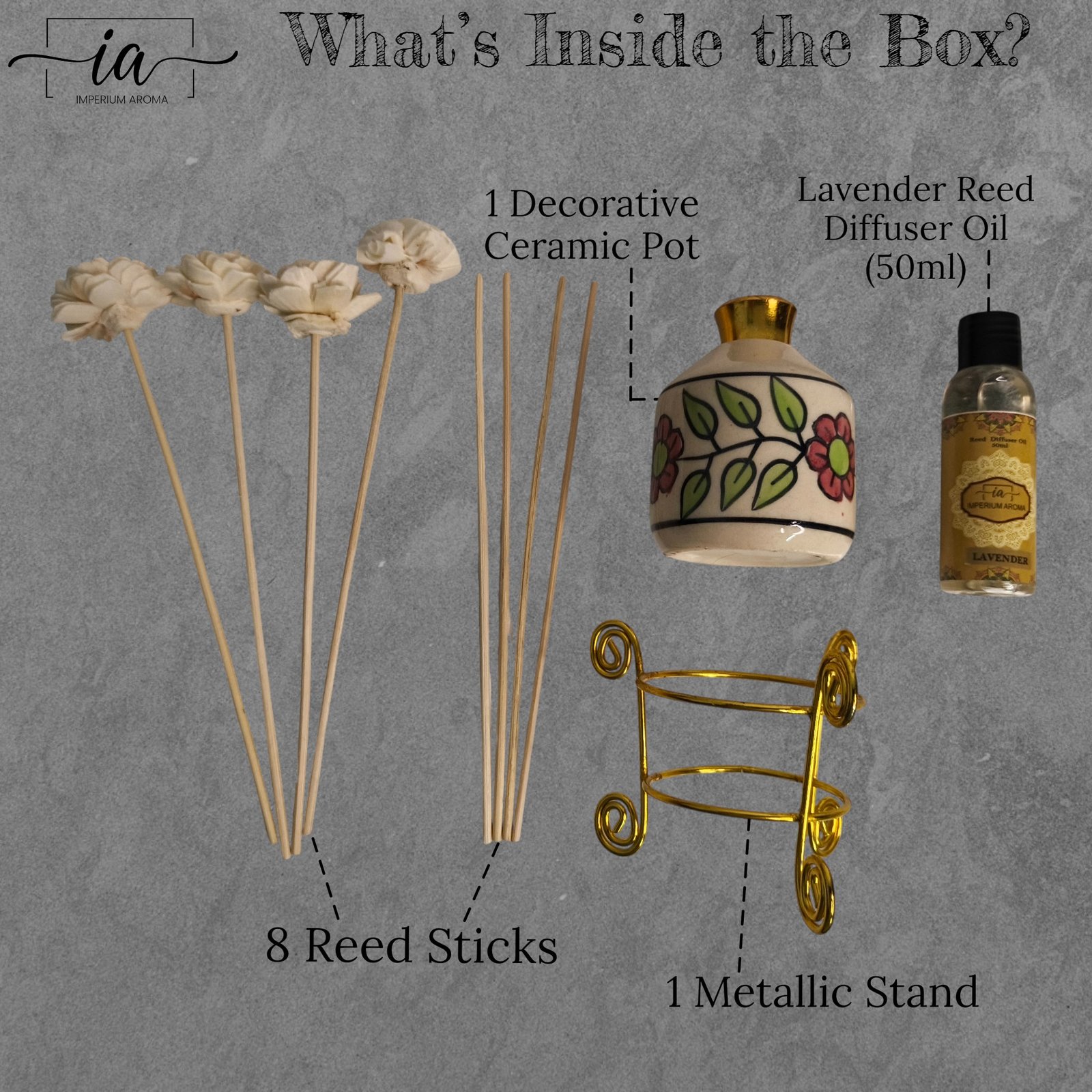 Imperium Aroma Lavender Reed Diffuser Set (Ceramic Pot with Golden Brass Neck) - Image 2