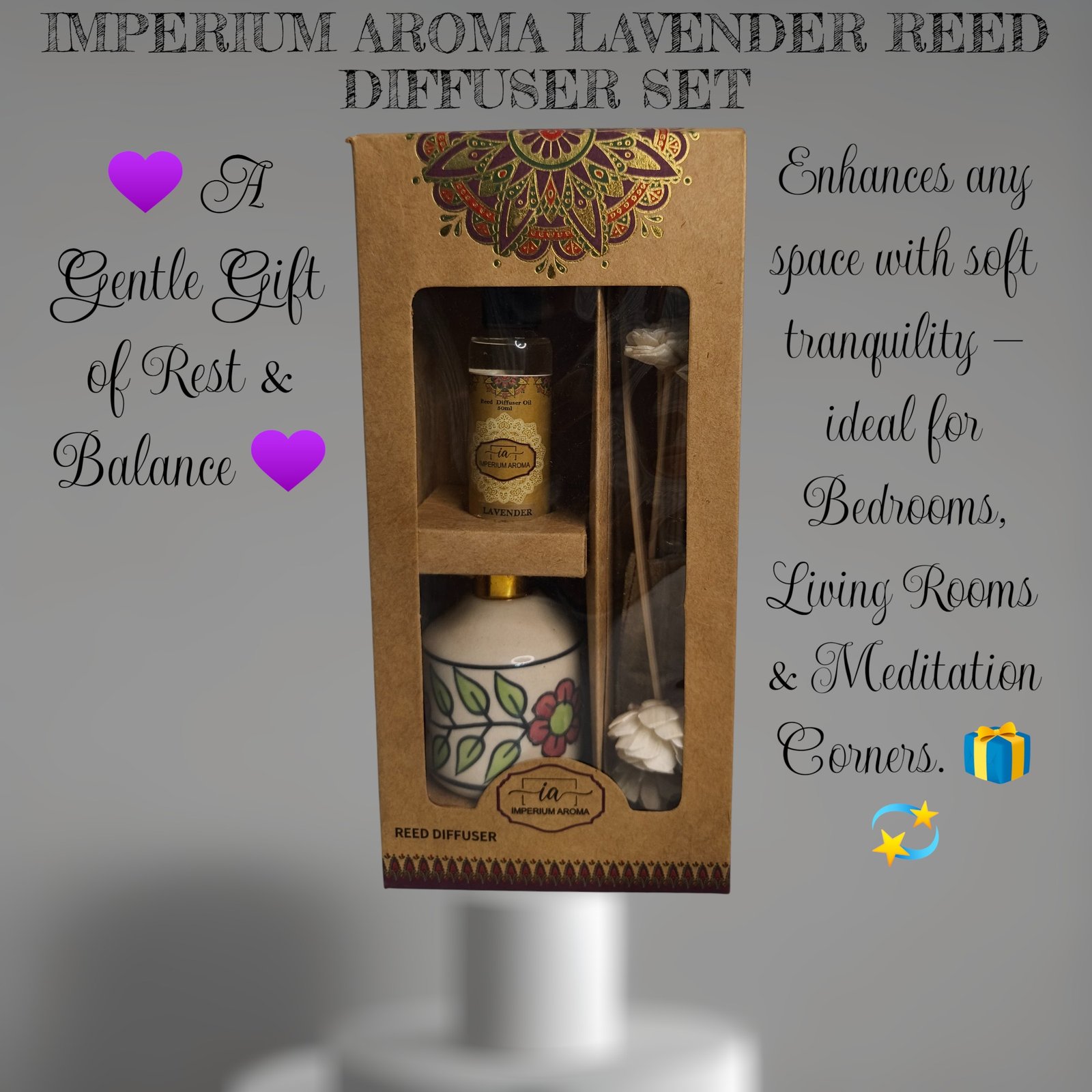 Imperium Aroma Lavender Reed Diffuser Set (Ceramic Pot with Golden Brass Neck) - Image 3