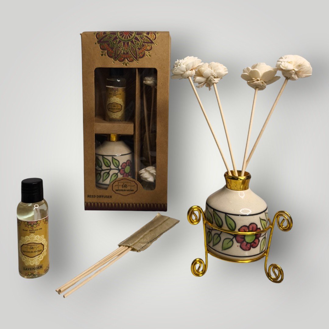 Imperium Aroma Lavender Reed Diffuser Set (Ceramic Pot with Golden Brass Neck) - Image 5