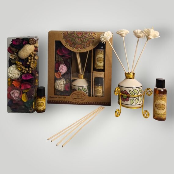 Imperium Aroma Sandalwood Reed Diffuser Gift Set (Ceramic Pot with Golden Brass Neck)