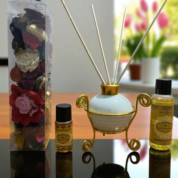 Imperium Aroma Tropical Sunset Reed Diffuser Gift Set (Ceramic Pot with Golden Brass Neck)