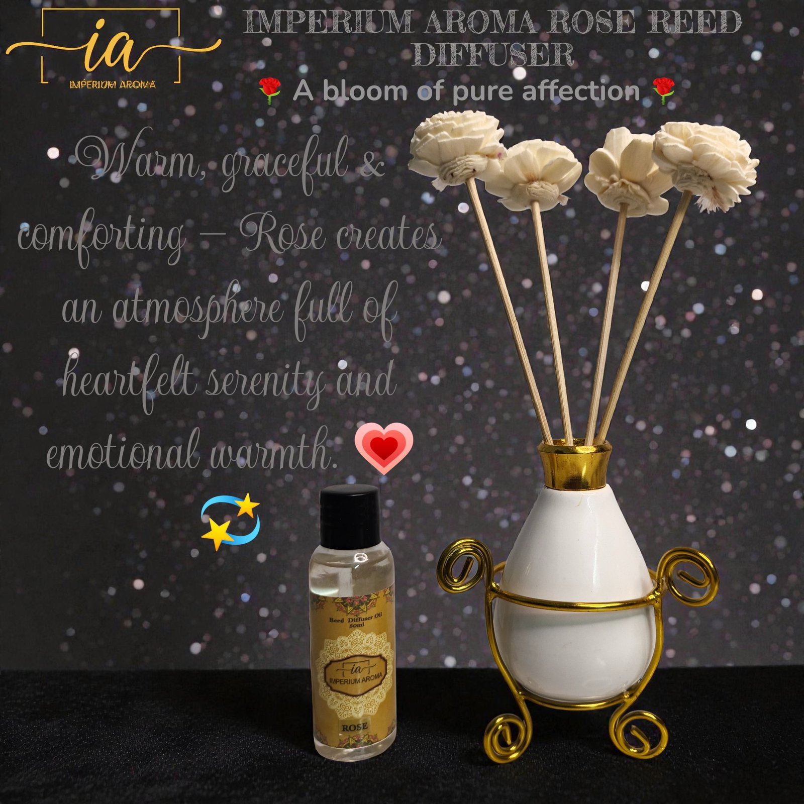 Imperium Aroma Rose Reed Diffuser Set (Ceramic with Golden Brass Neck)