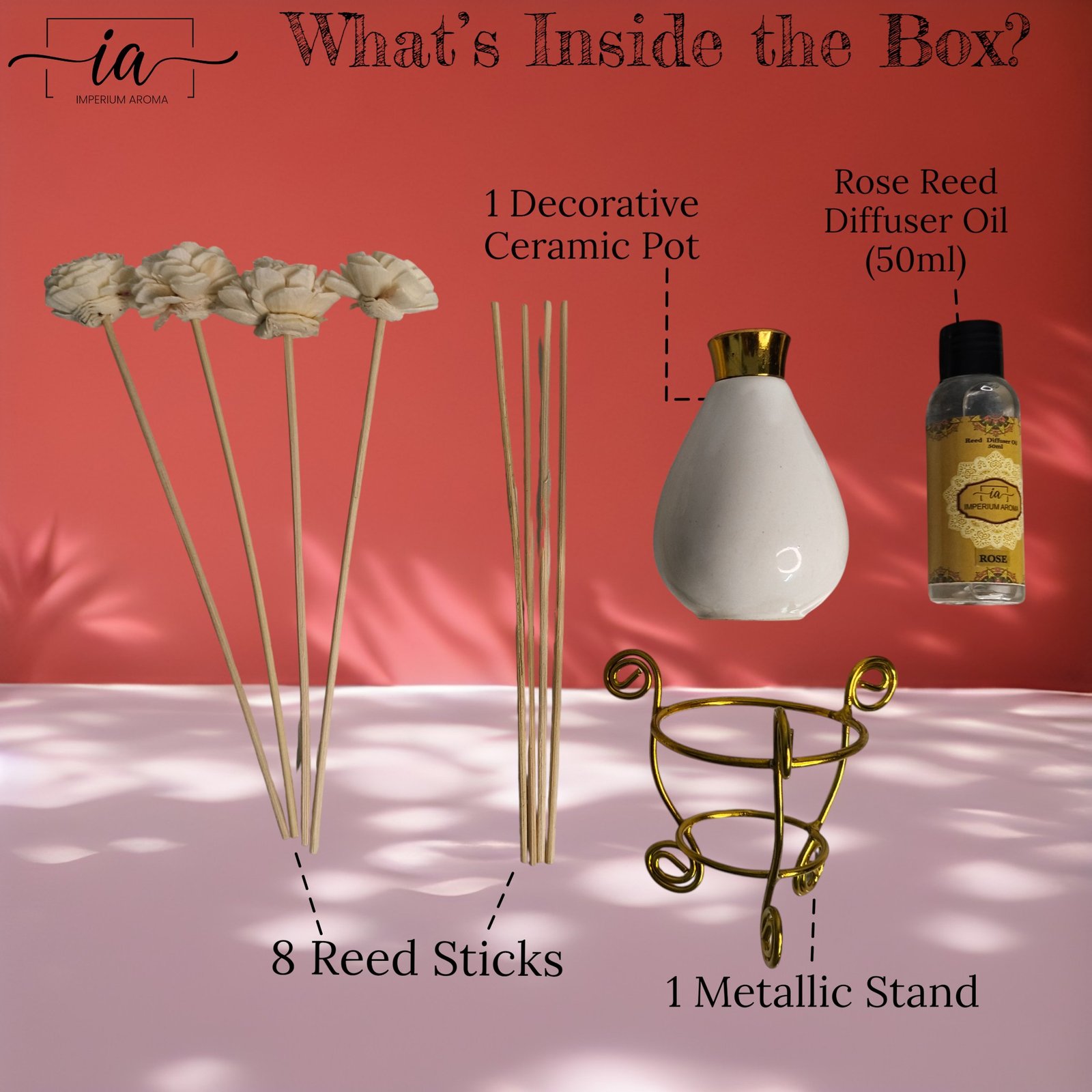 Imperium Aroma Rose Reed Diffuser Set (Ceramic with Golden Brass Neck) - Image 3