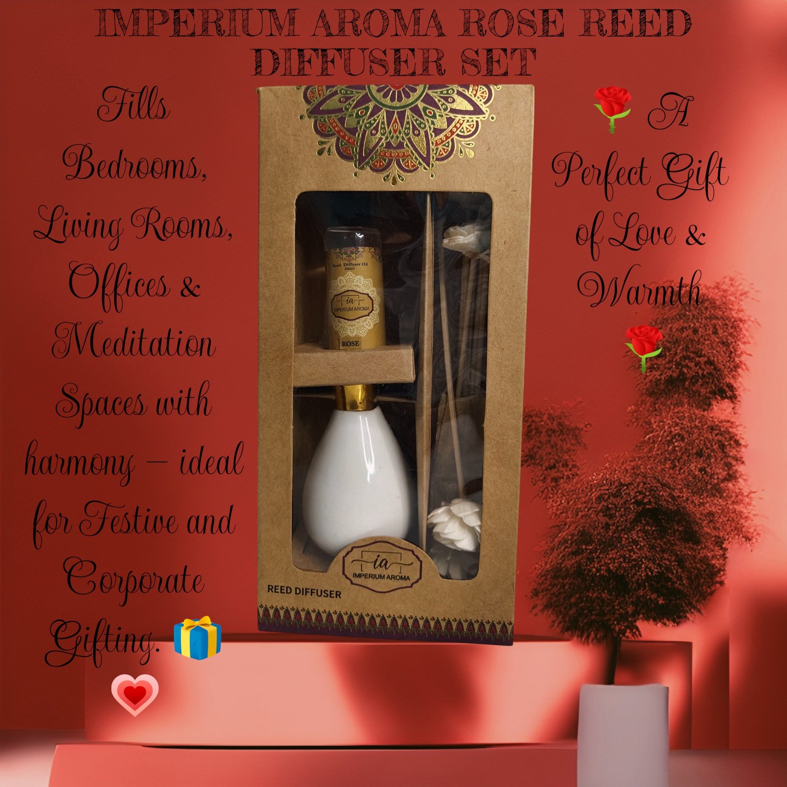 Imperium Aroma Rose Reed Diffuser Set (Ceramic with Golden Brass Neck) - Image 5