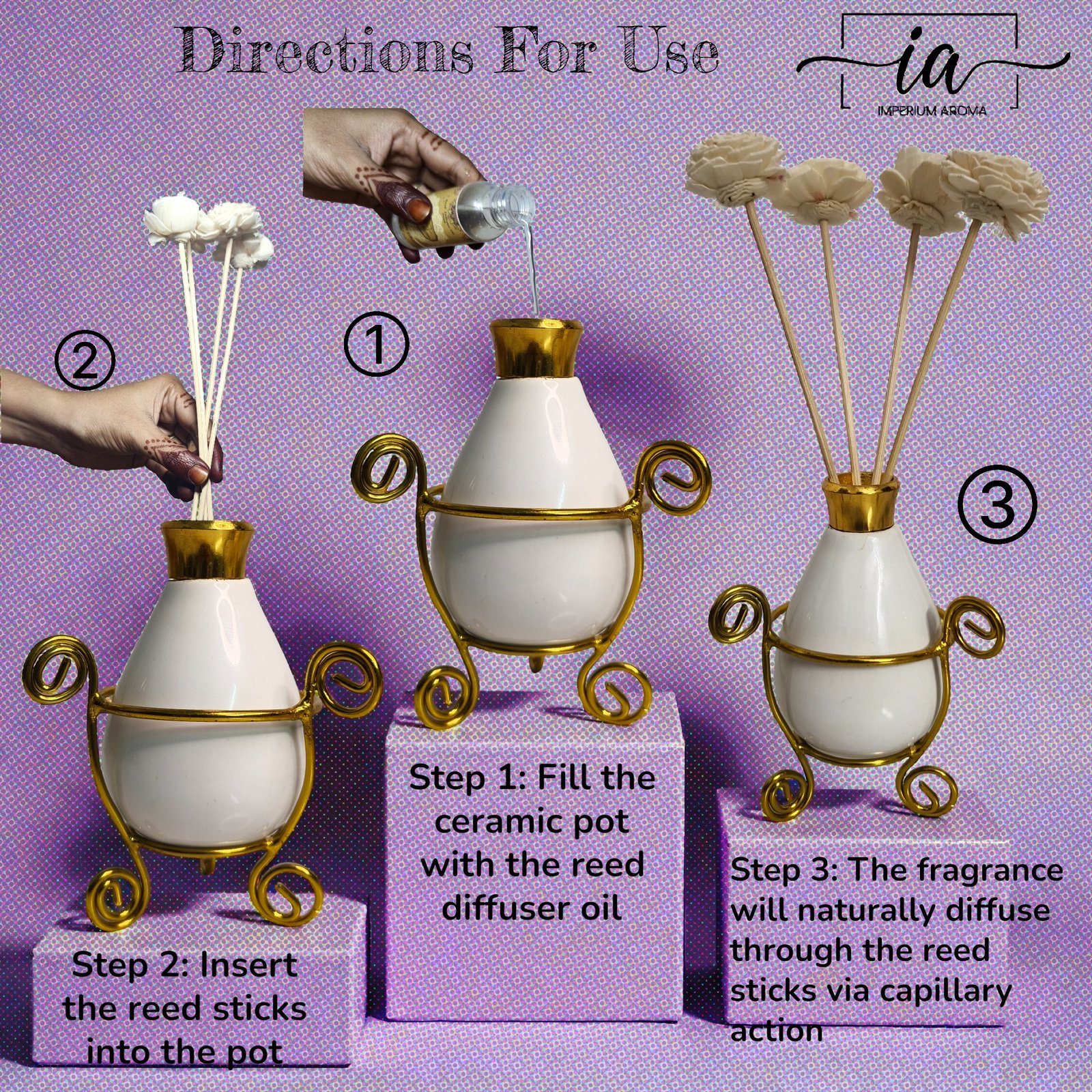 Imperium Aroma Rose Reed Diffuser Set (Ceramic with Golden Brass Neck) - Image 2