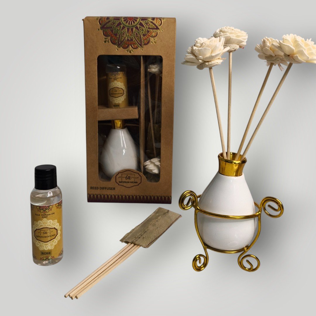Imperium Aroma Rose Reed Diffuser Set (Ceramic with Golden Brass Neck) - Image 4