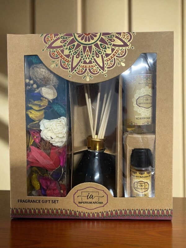 Imperium Aroma Agarwood Oudh  Reed Diffuser Gift Set (Ceramic Pot with Golden Brass Neck) - Image 2