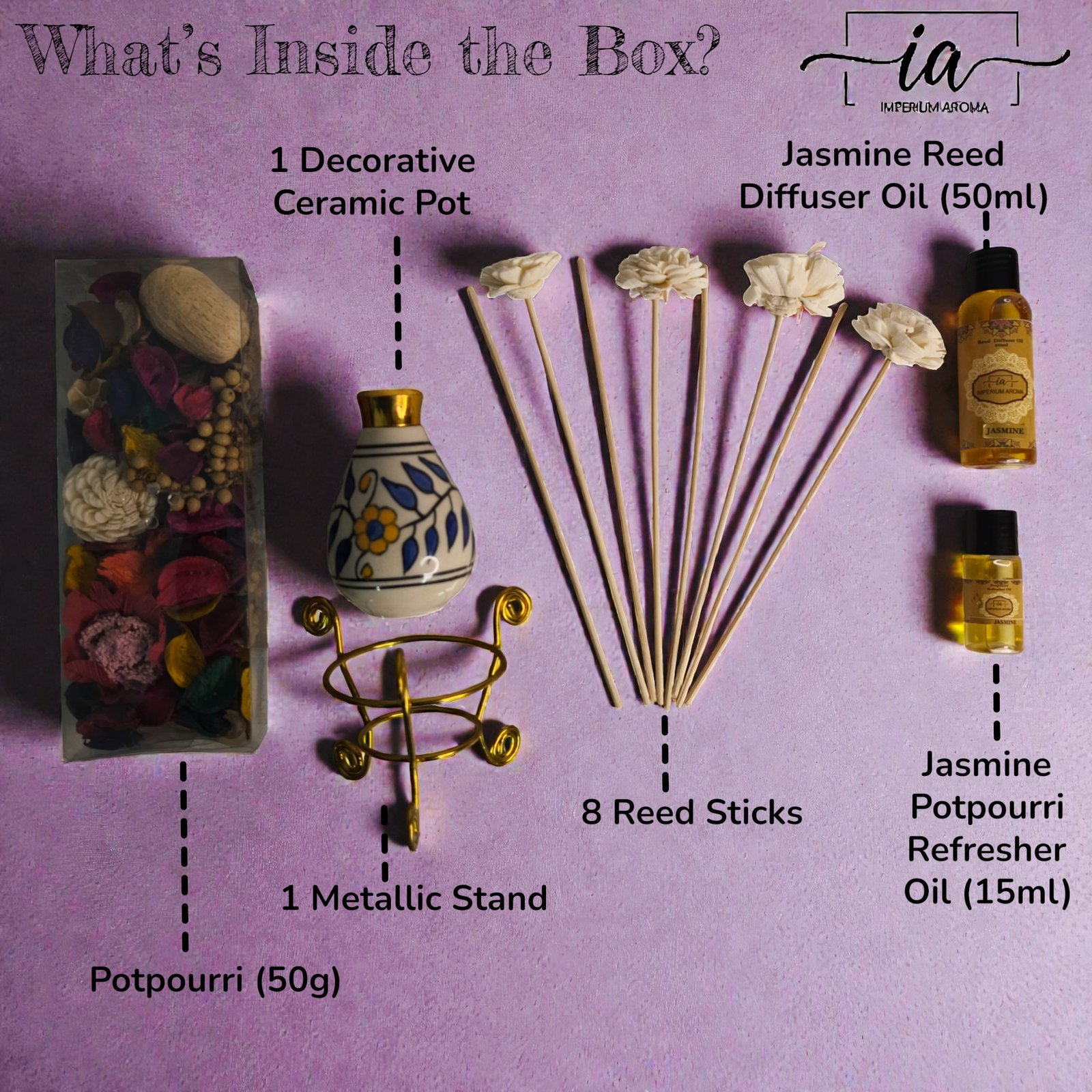 Imperium Aroma Jasmine Reed Diffuser Gift Set (Ceramic Pot with Golden Brass Neck) - Image 4