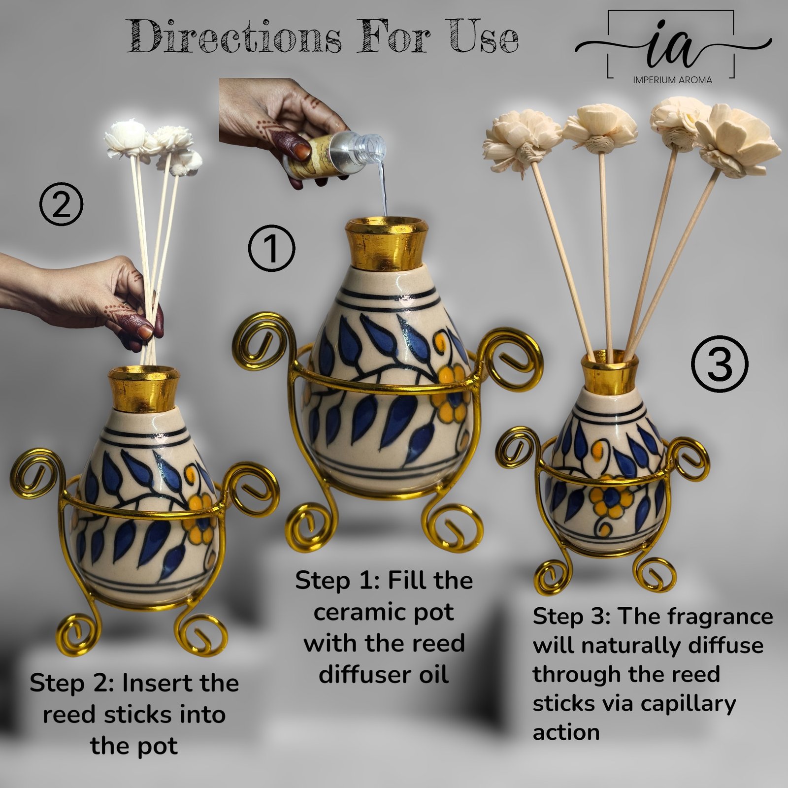 Imperium Aroma Jasmine Reed Diffuser Gift Set (Ceramic Pot with Golden Brass Neck) - Image 3