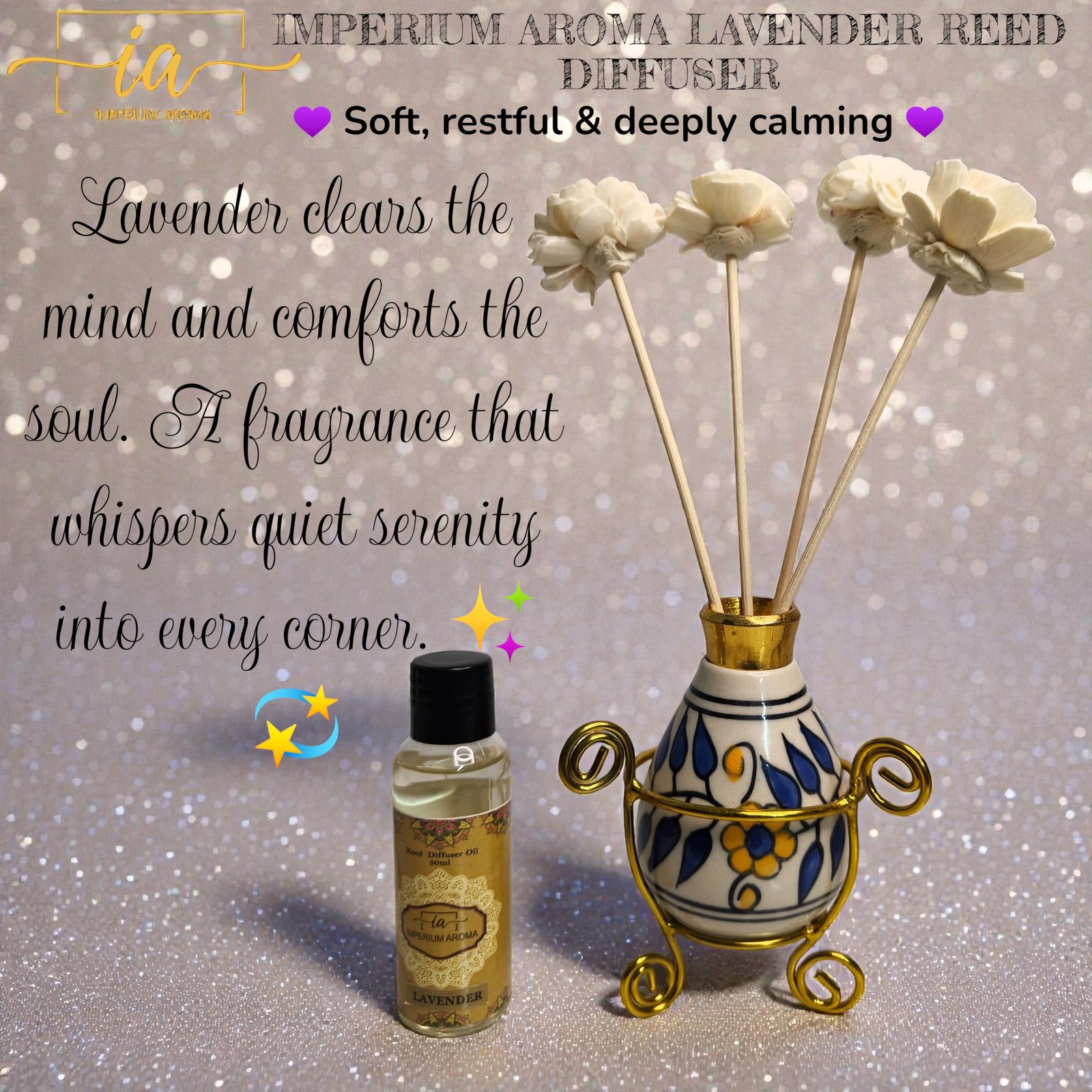 Imperium Aroma Jasmine Reed Diffuser Gift Set (Ceramic Pot with Golden Brass Neck) - Image 2