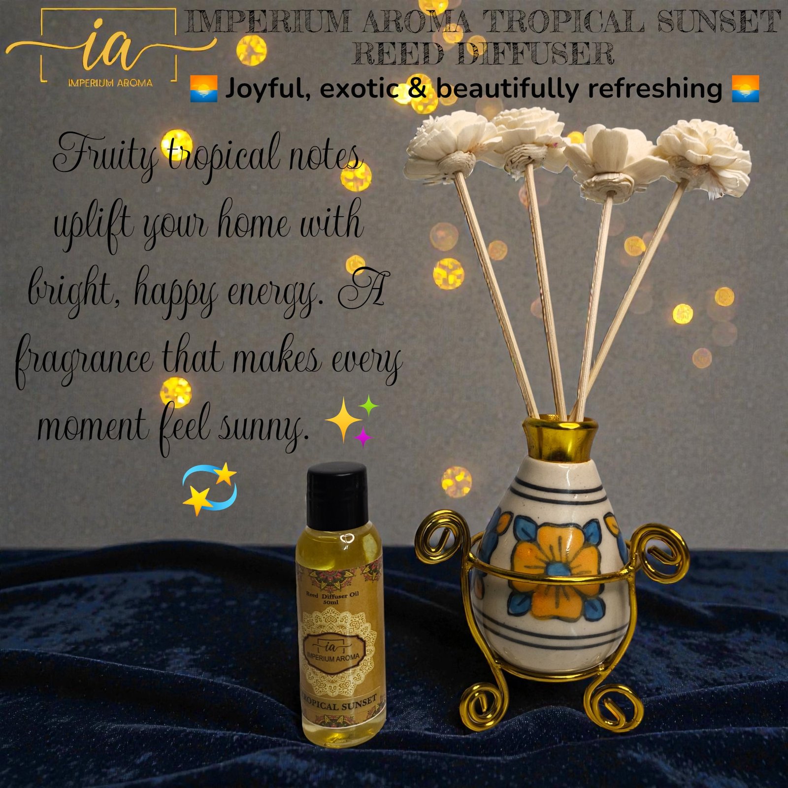 Imperium Aroma Tropical Sunset Reed Diffuser Gift Set (Ceramic Pot with Golden Brass Neck) - Image 2