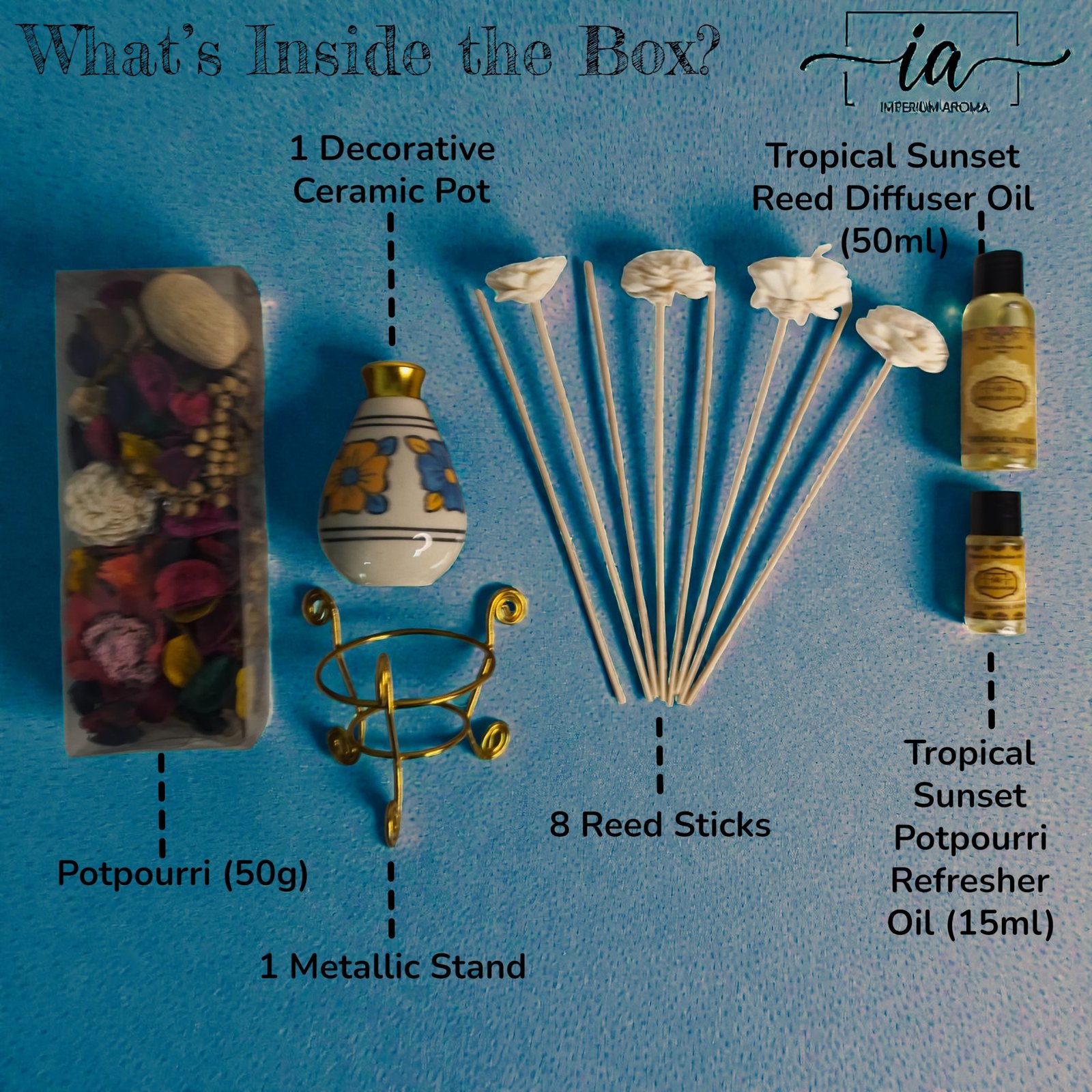 Imperium Aroma Tropical Sunset Reed Diffuser Gift Set (Ceramic Pot with Golden Brass Neck) - Image 3