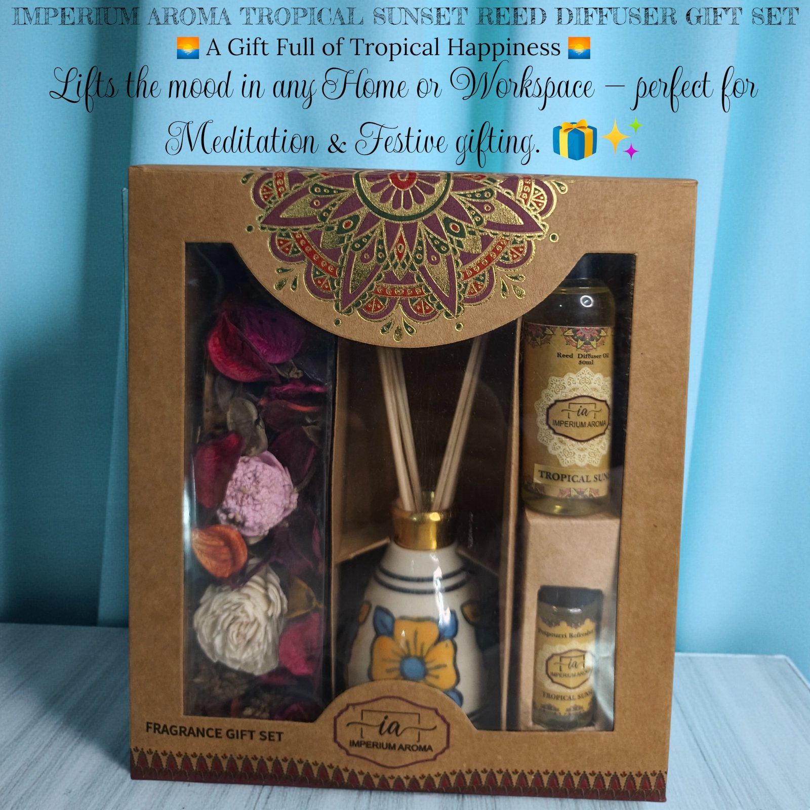 Imperium Aroma Tropical Sunset Reed Diffuser Gift Set (Ceramic Pot with Golden Brass Neck) - Image 6