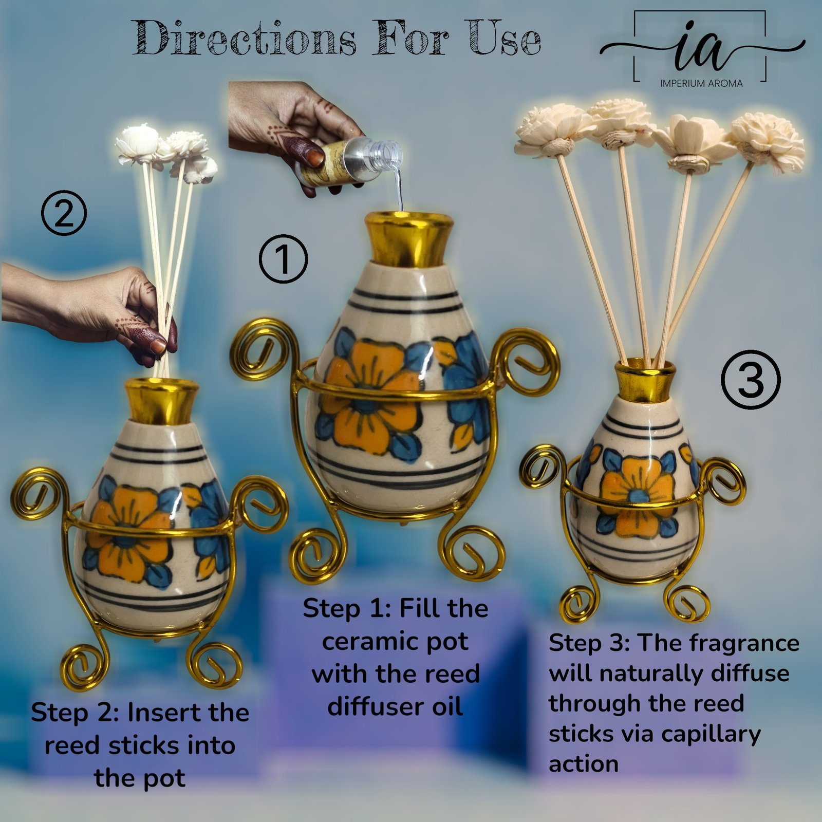 Imperium Aroma Tropical Sunset Reed Diffuser Gift Set (Ceramic Pot with Golden Brass Neck) - Image 4