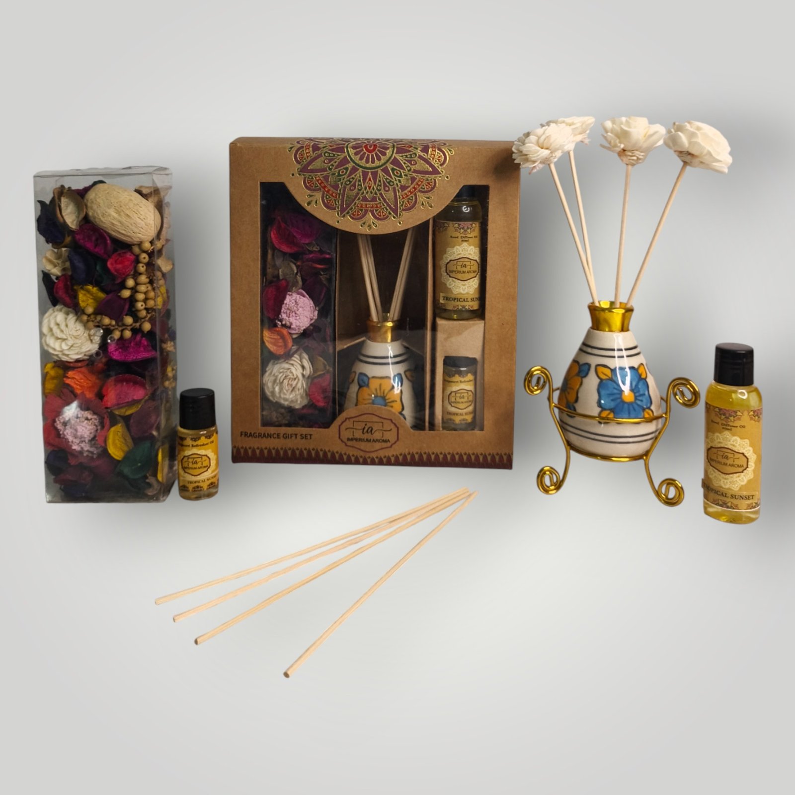 Imperium Aroma Tropical Sunset Reed Diffuser Gift Set (Ceramic Pot with Golden Brass Neck)