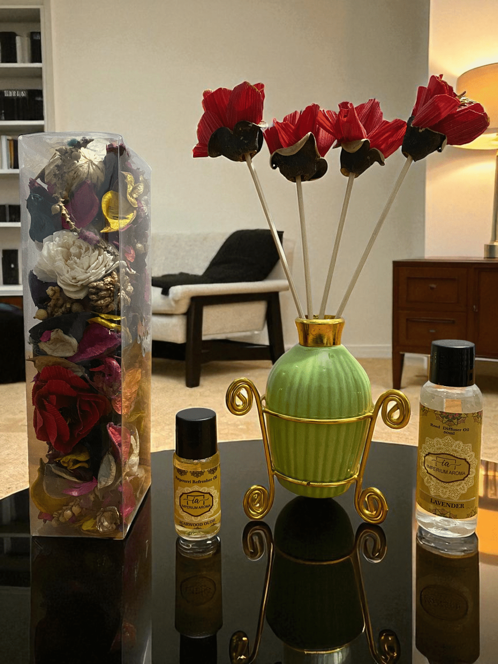 Imperium Aroma Lavender Reed Diffuser Gift Set (Ceramic Pot with Golden Brass Neck)
