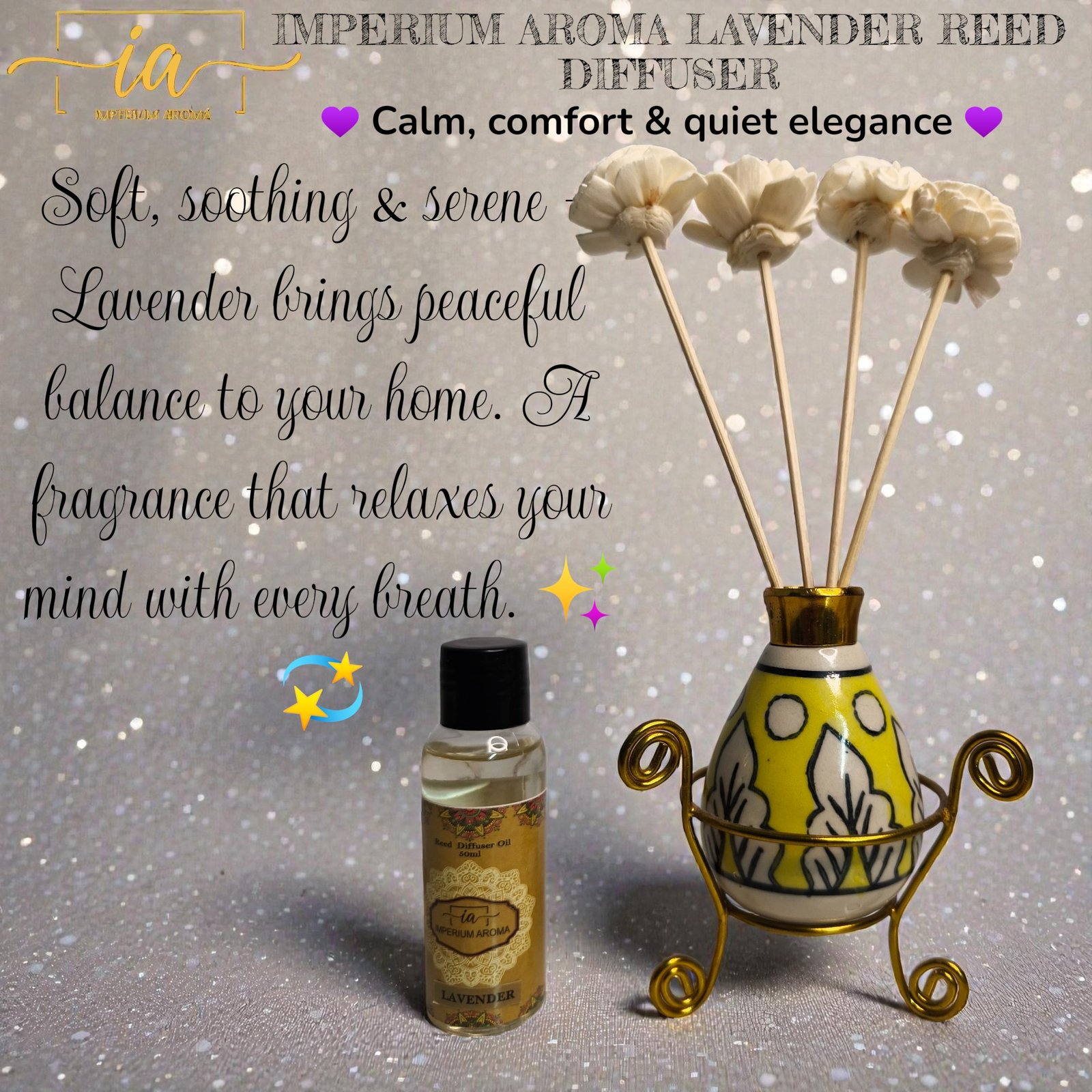 Imperium Aroma Lavender Reed Diffuser Gift Set (Ceramic Pot with Golden Brass Neck) - Image 2