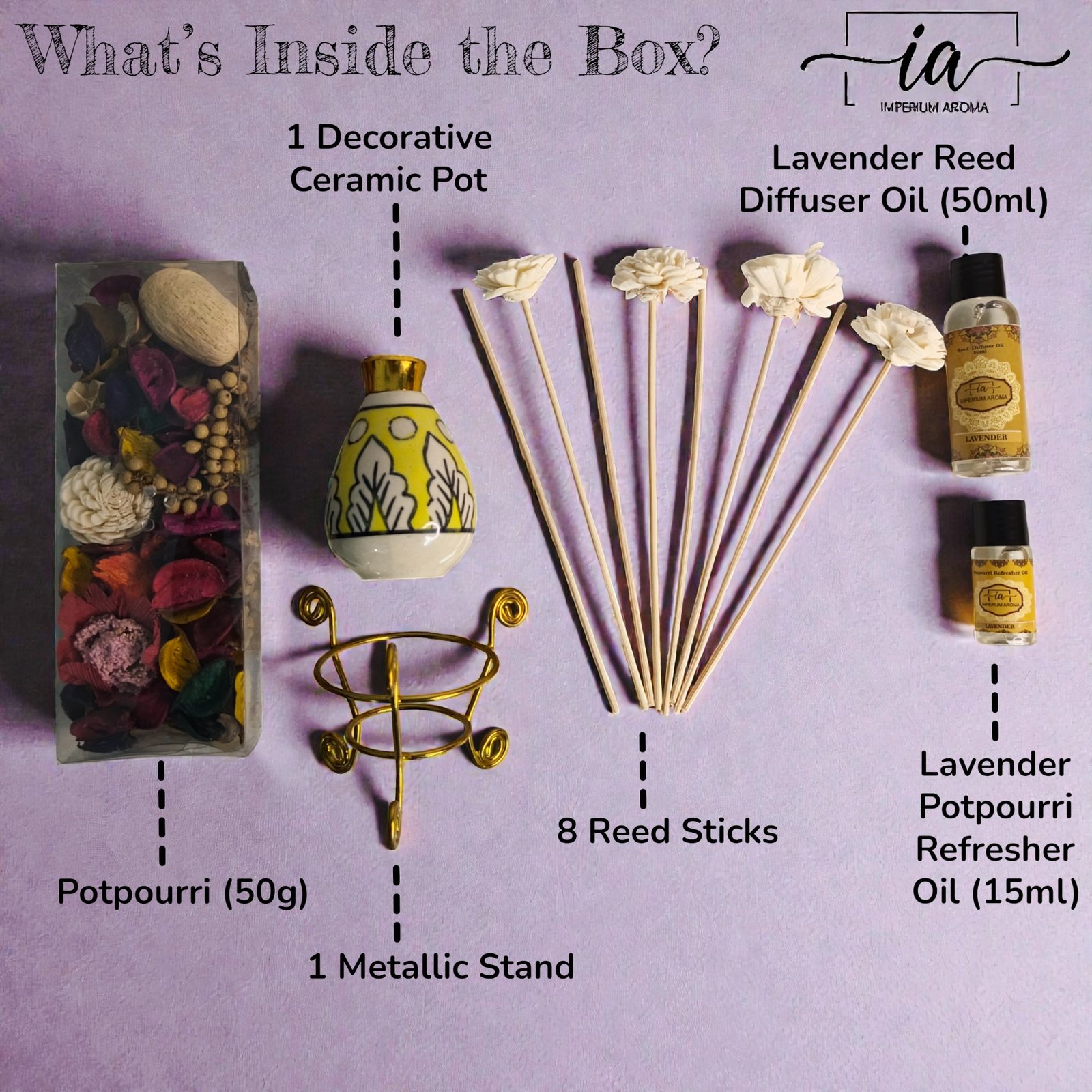 Imperium Aroma Lavender Reed Diffuser Gift Set (Ceramic Pot with Golden Brass Neck) - Image 5