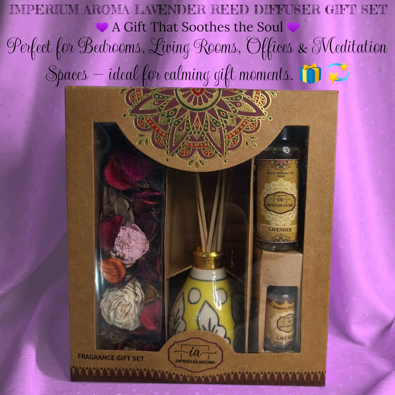 Imperium Aroma Lavender Reed Diffuser Gift Set (Ceramic Pot with Golden Brass Neck) - Image 6