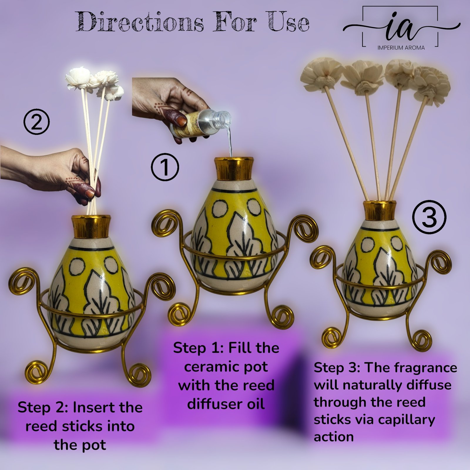 Imperium Aroma Lavender Reed Diffuser Gift Set (Ceramic Pot with Golden Brass Neck) - Image 4